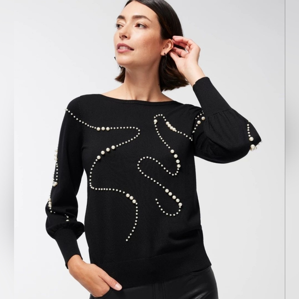 New w/ Tags Chicos Black Faux Pearl Applique Pullover Sweater